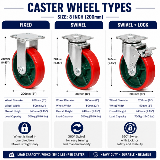 Picture of 8" Harlem heavy duty  Industrial PU Red Rubber caster wheel  Fixed, Swivel , Castor Wheel with Dual Lock Brake